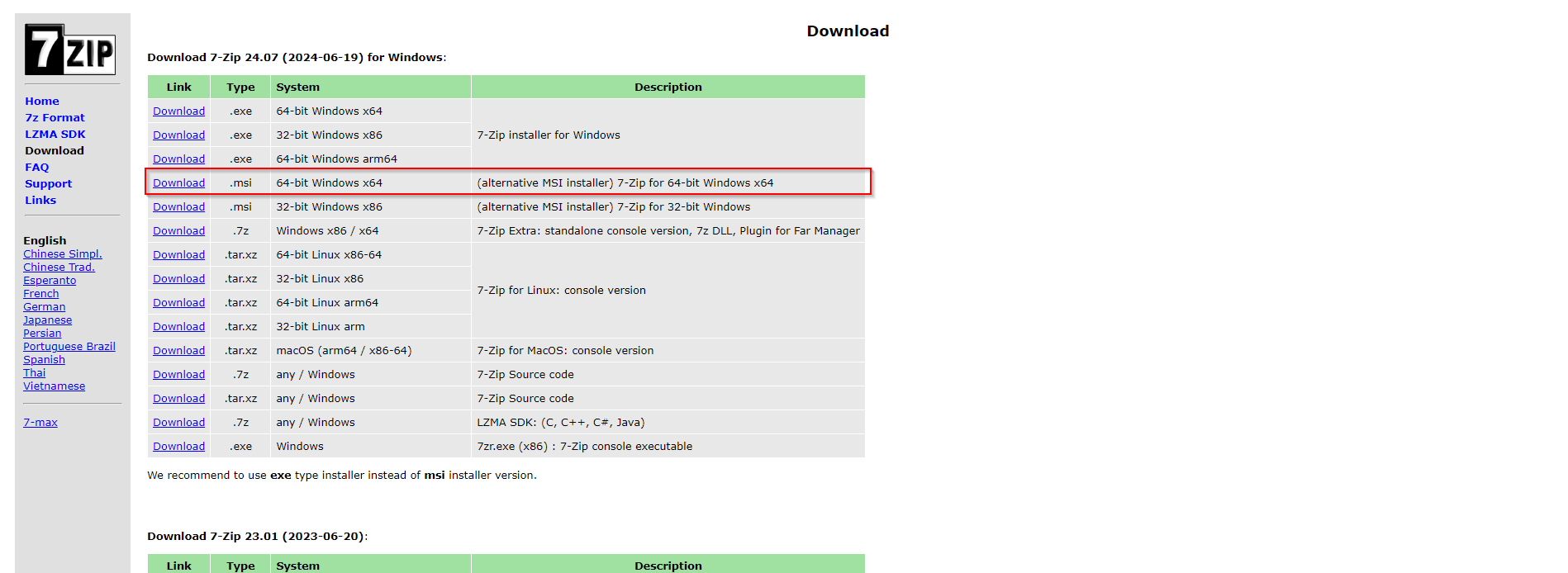 7-Zip download page – 64-bit Windows x64